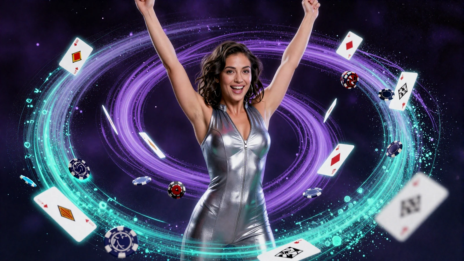 Selbstbewusste Spielerin im Siegermoment im leuchtenden Neon-Partikelwirbel im GambleZen Online Casino Deutschland