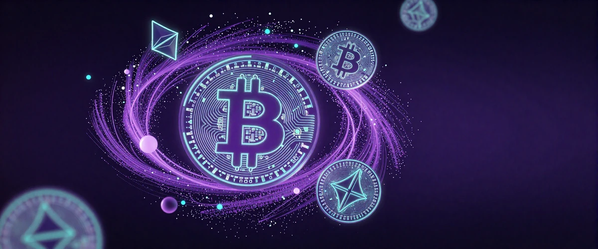 Abstrakte Neon-Krypto-Motive mit Bitcoin- und Ethereum-Symbolen im violett-t&uuml;rkisen Partikelfeld f&uuml;r Crypto Casino Deutschland