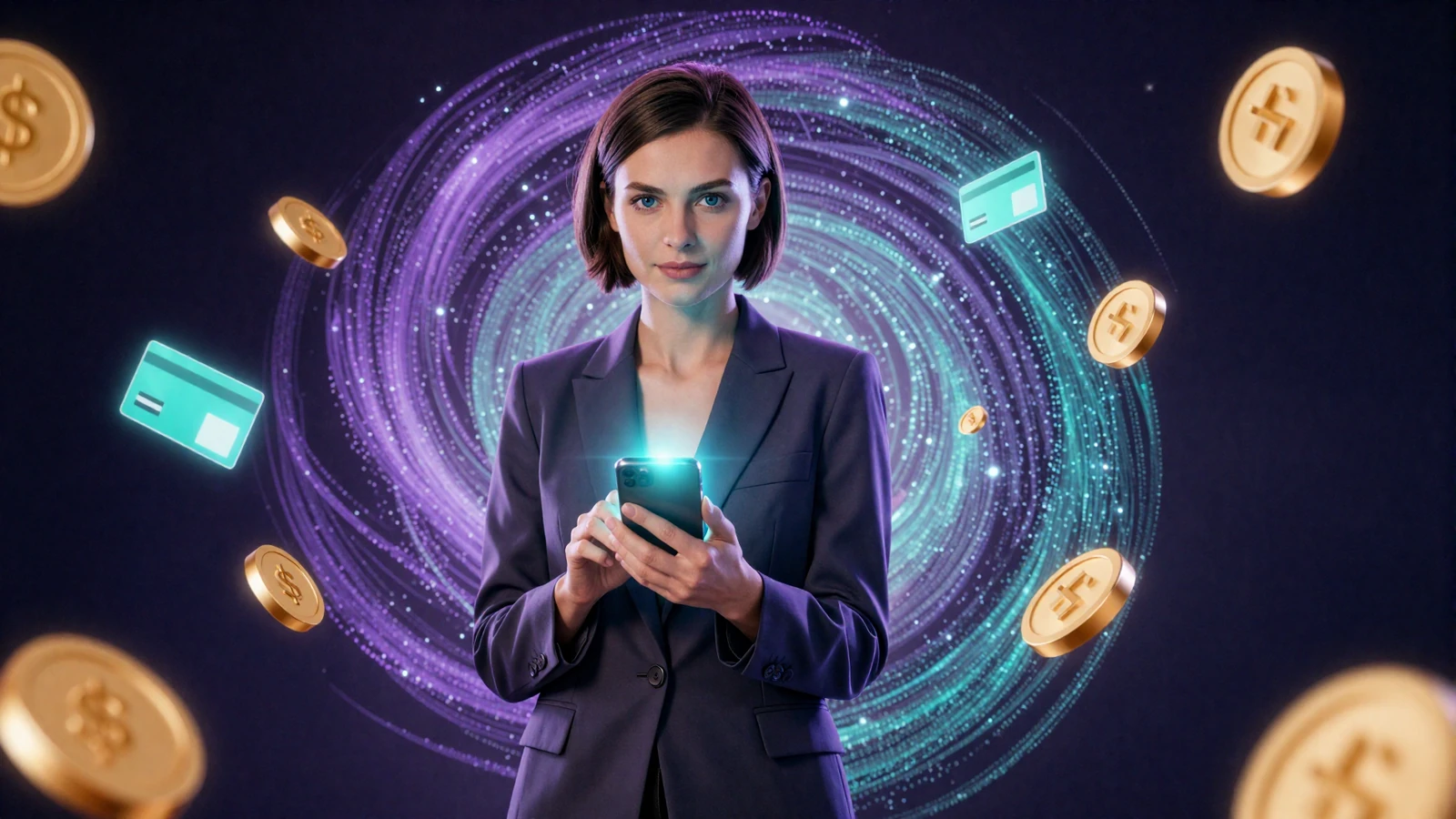 Selbstbewusste Spielerin mit leuchtendem Smartphone im Neon-Partikelstrom - Zahlungsmethoden im GambleZen Online Casino