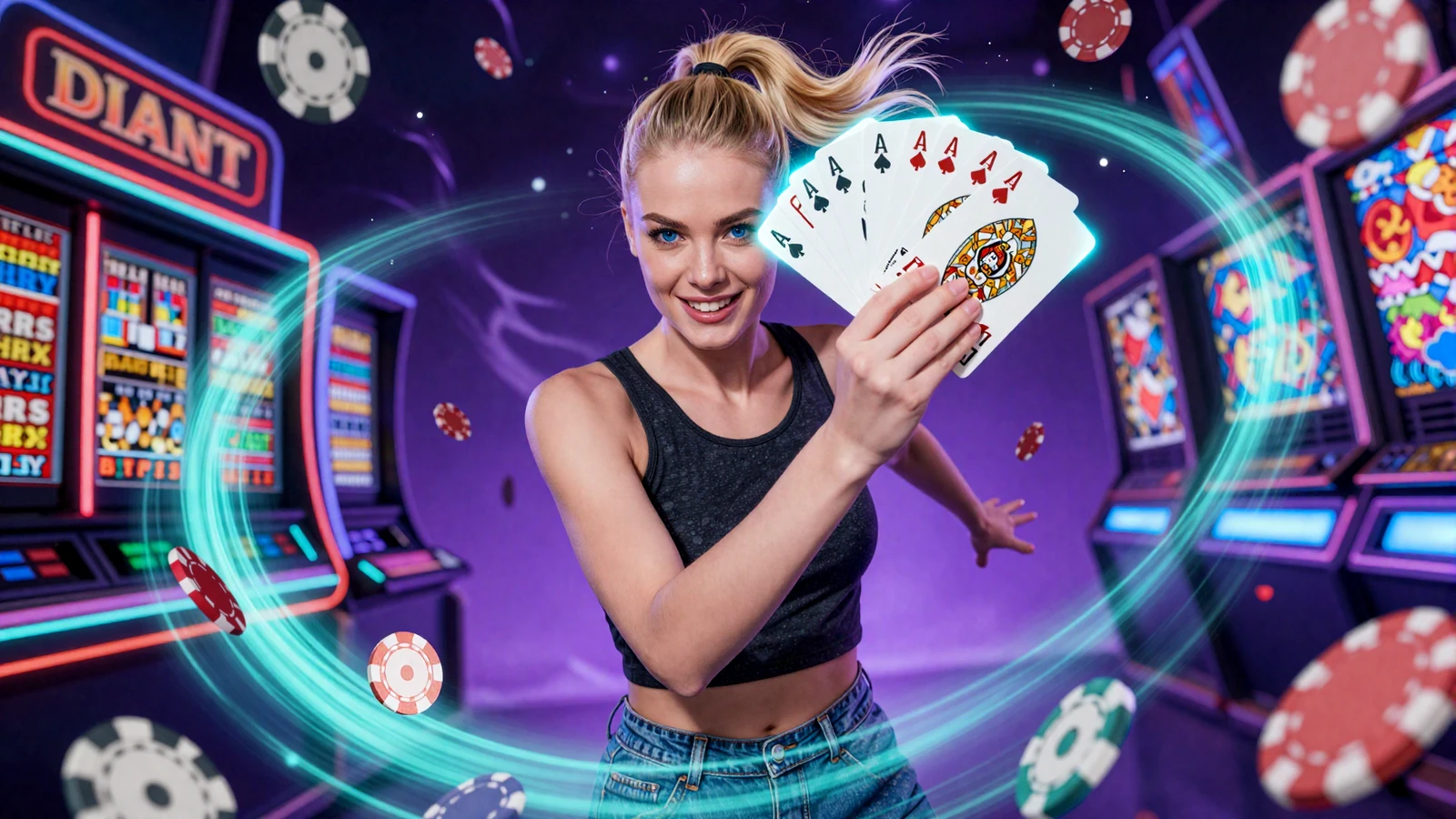 Selbstbewusste Spielerin mit leuchtenden Spielkarten im Neon-Wirbel der GambleZen Spielothek f&uuml;rs Online Casino Echtgeld