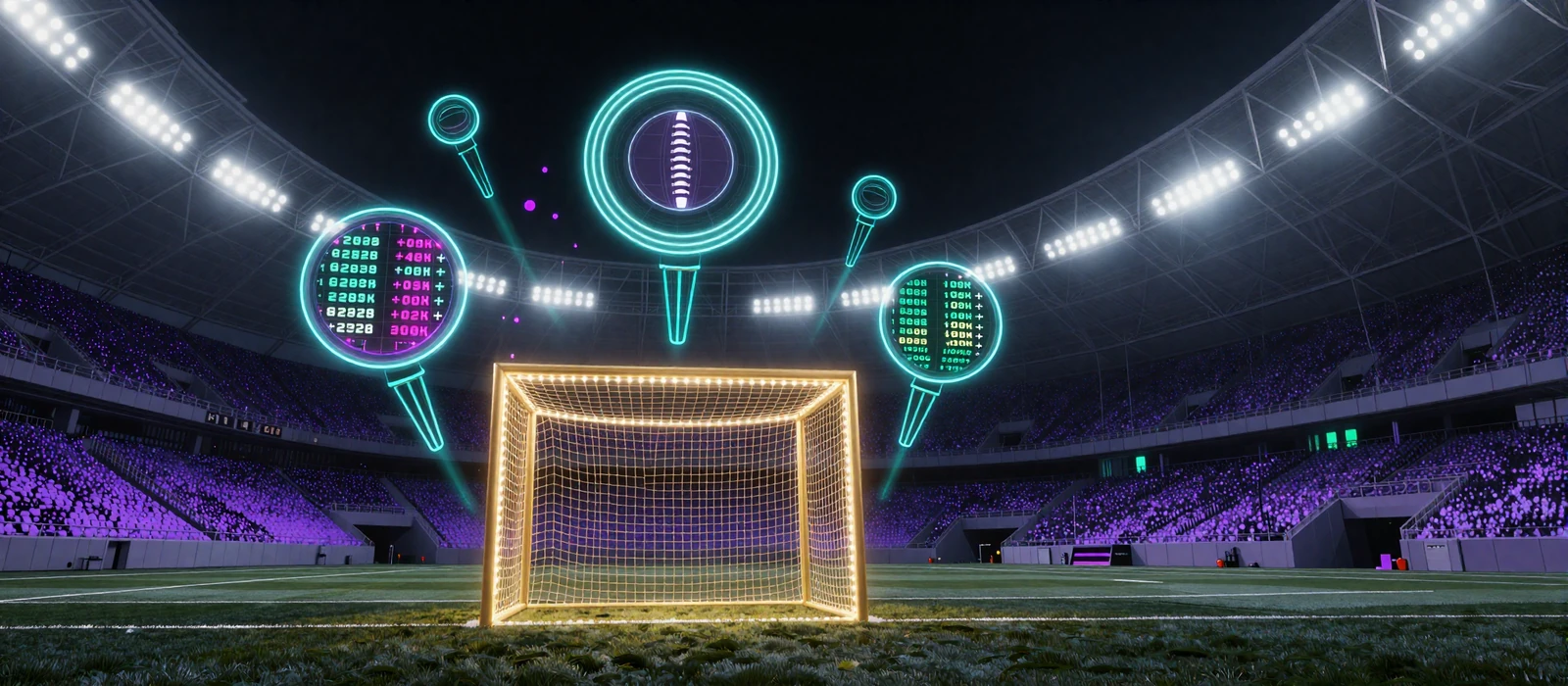 Neon-Fu&szlig;ballarena mit goldenem Goal-Gl&uuml;hen zum Time of Champions Golden Goal Turnier bei GambleZen